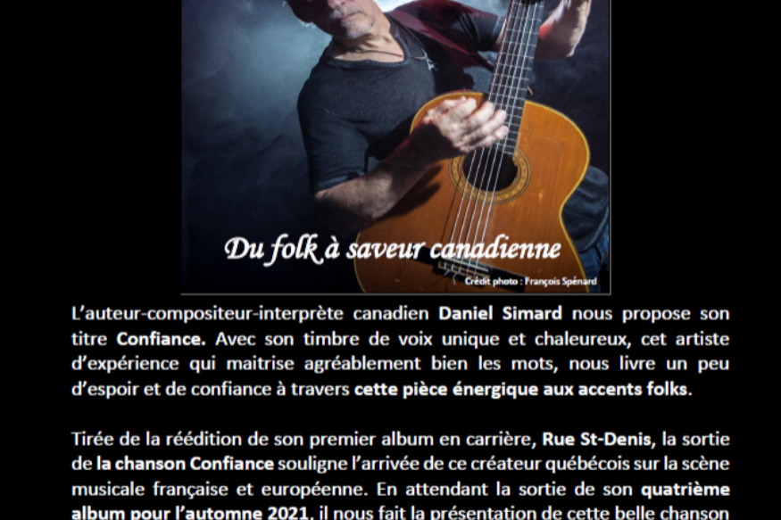 MUSIQUE Nouveauté en provenance du Québec : Daniel Simard et son titre "Confiance"