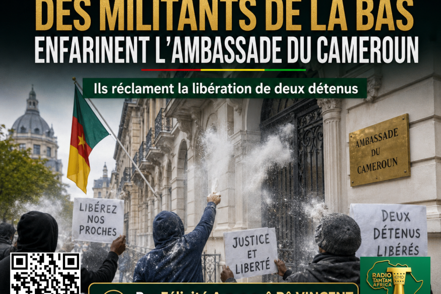 Bruxelles : des militants de la BAS enfarinent l’ambassade du Cameroun et réclament la libération de deux détenus